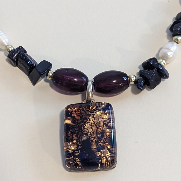 Vintage Baroque Pearl Blue Goldstone & Murano Glass Pendant Necklace & Earrings - Picture 3 of 9